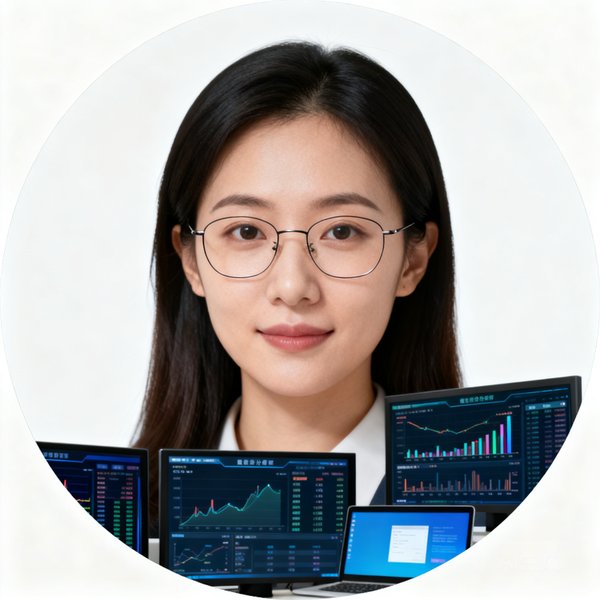 数据分析总监王静的圆形头像，女性数据分析师戴着细框眼镜，面前摆放多块数据监控屏幕